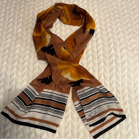 Oscar de la Renta Vintage Silk Satin Floral Scarf Yellow and Brown Designer Wrap - Picture 5 of 7